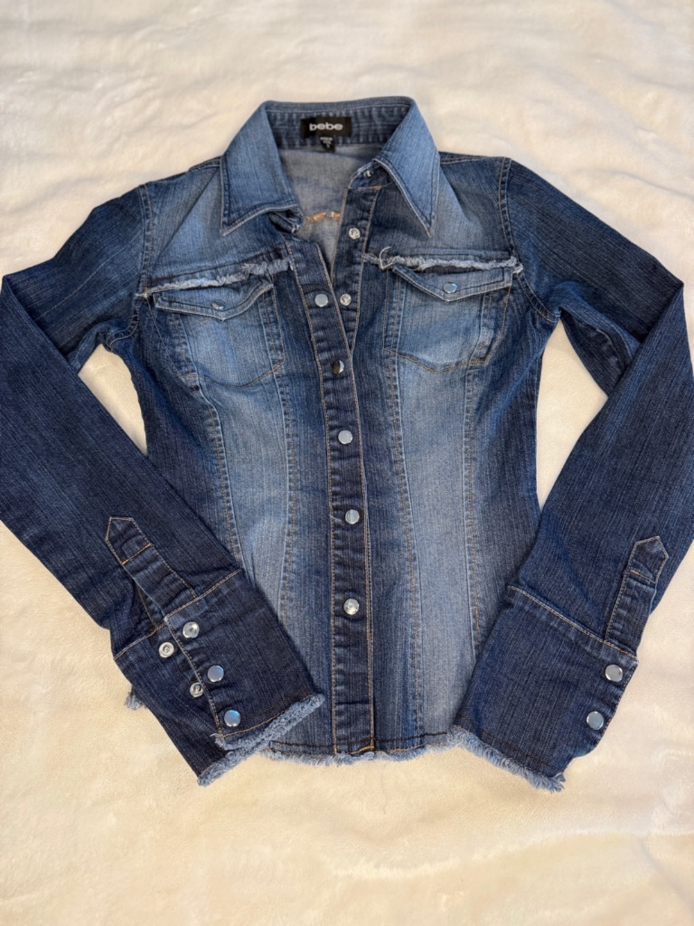 Bebe Vintage Y2K Fitted Frayed Denim Snap Front Shirt USA - Picture 2 of 9
